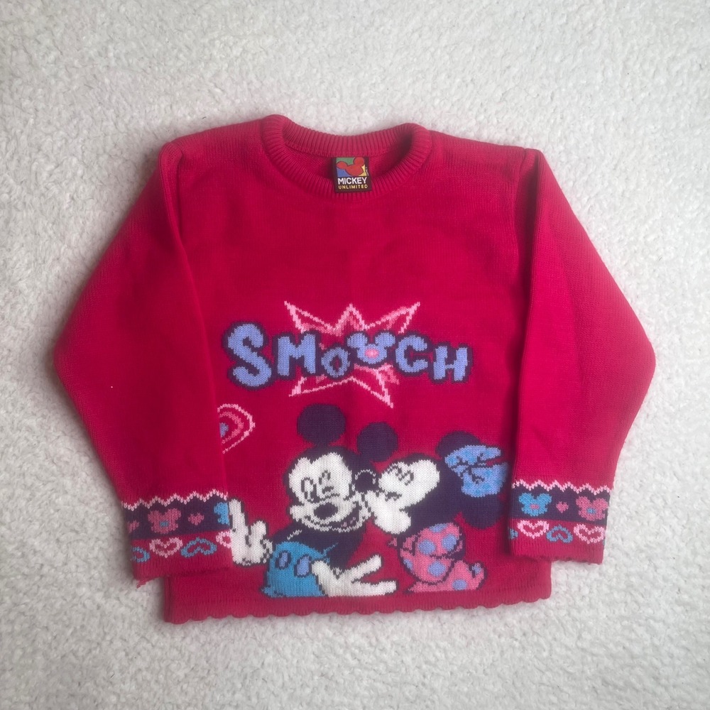 Vintage Mickey Unlimited Disney Mickey Minnie Mouse Smooch Knit Sweater Red Kids